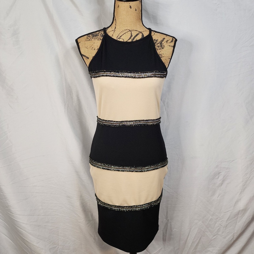 VESTIQUE Size Large Beige Black Striped Halter Bodycon Party Dress Date Night